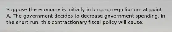 Suppose the economy is initially in​ long-run equilibrium at point A. The government decides to decrease government spending. In the​ short-run, this contractionary fiscal policy will​ cause: