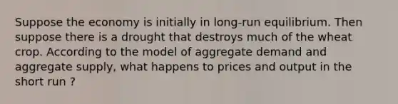 Suppose the economy is initially in long-run equilibrium. Then suppose there is a drought that destroys much of the wheat crop. According to the model of aggregate demand and aggregate supply, what happens to prices and output in the short run ?