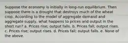 Suppose the economy is initially in long-run equilibrium. Then suppose there is a drought that destroys much of the wheat crop. According to the model of aggregate demand and aggregate supply, what happens to prices and output in the short run? a. Prices rise; output falls. b. Prices fall; output rises. c. Prices rise; output rises. d. Prices fall; output falls. e. None of the above.