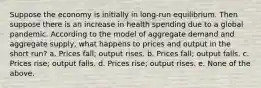 Suppose the economy is initially in long-run equilibrium. Then suppose there is an increase in health spending due to a global pandemic. According to the model of aggregate demand and aggregate supply, what happens to prices and output in the short run? a. Prices fall; output rises. b. Prices fall; output falls. c. Prices rise; output falls. d. Prices rise; output rises. e. None of the above.