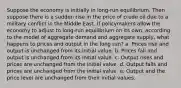 Suppose the economy is initially in long-run equilibrium. Then suppose there is a sudden rise in the price of crude oil due to a military conflict in the Middle East. If policymakers allow the economy to adjust to long-run equilibrium on its own, according to the model of aggregate demand and aggregate supply, what happens to prices and output in the long run? a. Prices rise and output is unchanged from its initial value. b. Prices fall and output is unchanged from its initial value. c. Output rises and prices are unchanged from the initial value. d. Output falls and prices are unchanged from the initial value. e. Output and the price level are unchanged from their initial values.