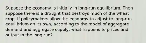 Suppose the economy is initially in long-run equilibrium. Then suppose there is a drought that destroys much of the wheat crop. If policymakers allow the economy to adjust to long-run equilibrium on its own, according to the model of aggregate demand and aggregate supply, what happens to prices and output in the long run?