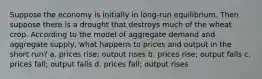 Suppose the economy is initially in long-run equilibrium. Then suppose there is a drought that destroys much of the wheat crop. According to the model of aggregate demand and aggregate supply, what happens to prices and output in the short run? a. prices rise; output rises b. prices rise; output falls c. prices fall; output falls d. prices fall; output rises