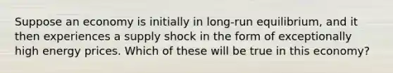 Suppose an economy is initially in long-run equilibrium, and it then experiences a supply shock in the form of exceptionally high energy prices. Which of these will be true in this economy?