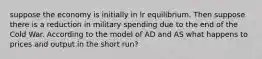 suppose the economy is initially in lr equilibrium. Then suppose there is a reduction in military spending due to the end of the Cold War. According to the model of AD and AS what happens to prices and output in the short run?