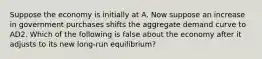 Suppose the economy is initially at A. Now suppose an increase in government purchases shifts the aggregate demand curve to AD2. Which of the following is false about the economy after it adjusts to its new long-run equilibrium?