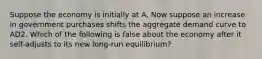 Suppose the economy is initially at A. Now suppose an increase in government purchases shifts the aggregate demand curve to AD2. Which of the following is false about the economy after it self-adjusts to its new long-run equilibrium?