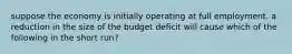 suppose the economy is initially operating at full employment. a reduction in the size of the budget deficit will cause which of the following in the short run?