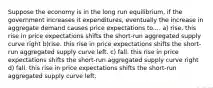 Suppose the economy is in the long run equilibrium, if the government increases it expenditures, eventually the increase in aggregate demand causes price expectations to.... a) rise. this rise in price expectations shifts the short-run aggregated supply curve right b)rise. this rise in price expectations shifts the short-run aggregated supply curve left. c) fall. this rise in price expectations shifts the short-run aggregated supply curve right d) fall. this rise in price expectations shifts the short-run aggregated supply curve left.