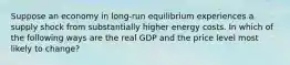 Suppose an economy in long-run equilibrium experiences a supply shock from substantially higher energy costs. In which of the following ways are the real GDP and the price level most likely to change?