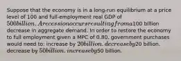 Suppose that the economy is in a long-run equilibrium at a price level of 100 and full-employment real GDP of 500 billion. A recession occurs resulting from a100 billion decrease in aggregate demand. In order to restore the economy to full employment given a MPC of 0.80, government purchases would need to: increase by 20 billion. decrease by20 billion. decrease by 50 billion. increase by50 billion.