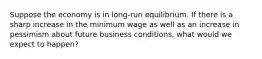 Suppose the economy is in long-run equilibrium. If there is a sharp increase in the minimum wage as well as an increase in pessimism about future business conditions, what would we expect to happen?