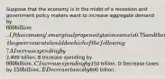 Suppose that the economy is in the midst of a recession and government policy makers want to increase aggregate demand by 600 billion.If the economy's marginal propensity to consume is 0.75 and there is no crowding out, the government should do which of the following? A Increase spending by2,400 billion. B Increase spending by 600 billion. C Increase spending by150 billion. D Decrease taxes by 150 billion. E Decrease taxes by600 billion.