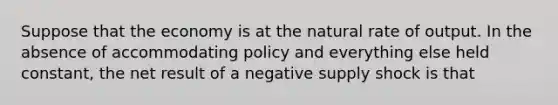 Suppose that the economy is at the natural rate of output. In the absence of accommodating policy and everything else held constant, the net result of a negative supply shock is that