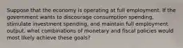 Suppose that the economy is operating at full employment. If the government wants to discourage consumption spending, stimulate investment spending, and maintain full employment output, what combinations of monetary and fiscal policies would most likely achieve these goals?