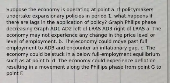 Suppose the economy is operating at point a. If policymakers undertake expansionary policies in period 1, what happens if there are lags in the application of policy? Graph Philips phase decreasing Graph AD1 AD2 left of LRAS AD3 right of LRAS a. The economy may not experience any change in the price level or level of employment. b. The economy could move past full employment to AD3 and encounter an inflationary gap. c. The economy could be stuck in a below full-employment equilibrium such as at point b. d. The economy could experience deflation resulting in a movement along the Phillips phase from point G to point F.