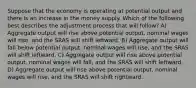 Suppose that the economy is operating at potential output and there is an increase in the money supply. Which of the following best describes the adjustment process that will follow? A) Aggregate output will rise above potential output, nominal wages will rise, and the SRAS will shift leftward. B) Aggregate output will fall below potential output, nominal wages will rise, and the SRAS will shift leftward. C) Aggregate output will rise above potential output, nominal wages will fall, and the SRAS will shift leftward. D) Aggregate output will rise above potential output, nominal wages will rise, and the SRAS will shift rightward.