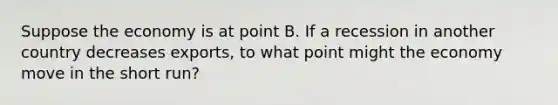 Suppose the economy is at point B. If a recession in another country decreases exports, to what point might the economy move in the short run?