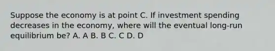 Suppose the economy is at point C. If investment spending decreases in the​ economy, where will the eventual long-run equilibrium​ be? A. A B. B C. C D. D