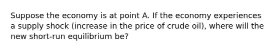 Suppose the economy is at point A. If the economy experiences a supply shock (increase in the price of crude oil), where will the new short-run equilibrium be?