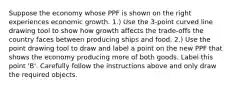 Suppose the economy whose PPF is shown on the right experiences economic growth. ​1.) Use the​ 3-point curved line drawing tool to show how growth affects the​ trade-offs the country faces between producing ships and food. ​2.) Use the point drawing tool to draw and label a point on the new PPF that shows the economy producing more of both goods. Label this point​ 'B'. Carefully follow the instructions above and only draw the required objects.