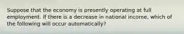 Suppose that the economy is presently operating at full employment. If there is a decrease in national income, which of the following will occur automatically?