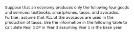 Suppose that an economy produces only the following four goods and​ services: textbooks,​ smartphones, tacos, and avocados. ​Further, assume that ALL of the avocados are used in the production of tacos. Use the information in the following table to calculate Real GDP in Year 3 assuming Year 1 is the base year.