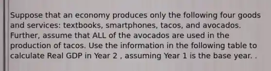 Suppose that an economy produces only the following four goods and​ services: textbooks,​ smartphones, tacos, and avocados. ​Further, assume that ALL of the avocados are used in the production of tacos. Use the information in the following table to calculate Real GDP in Year 2 , assuming Year 1 is the base year. .