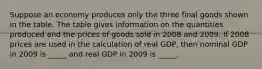 Suppose an economy produces only the three final goods shown in the table. The table gives information on the quantities produced and the prices of goods sold in 2008 and 2009. If 2008 prices are used in the calculation of real GDP, then nominal GDP in 2009 is _____ and real GDP in 2009 is _____.