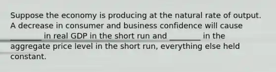 Suppose the economy is producing at the natural rate of output. A decrease in consumer and business confidence will cause ________ in real GDP in the short run and ________ in the aggregate price level in the short run, everything else held constant.