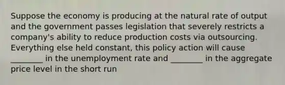 Suppose the economy is producing at the natural rate of output and the government passes legislation that severely restricts a company's ability to reduce production costs via outsourcing. Everything else held constant, this policy action will cause ________ in the unemployment rate and ________ in the aggregate price level in the short run