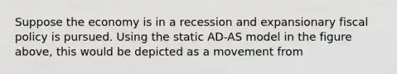 Suppose the economy is in a recession and expansionary fiscal policy is pursued. Using the static AD-AS model in the figure above, this would be depicted as a movement from