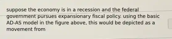 suppose the economy is in a recession and the federal government pursues expansionary fiscal policy. using the basic AD-AS model in the figure above, this would be depicted as a movement from