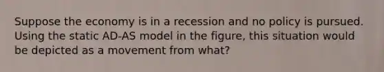 Suppose the economy is in a recession and no policy is pursued. Using the static AD-AS model in the figure, this situation would be depicted as a movement from what?