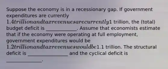 Suppose the economy is in a recessionary gap. If government expenditures are currently 1.4 trillion and tax revenues are currently1 trillion, the (total) budget deficit is _____________. Assume that economists estimate that if the economy were operating at full employment, government expenditures would be 1.2 trillion and tax revenues would be1.1 trillion. The structural deficit is _________________ and the cyclical deficit is _______________.