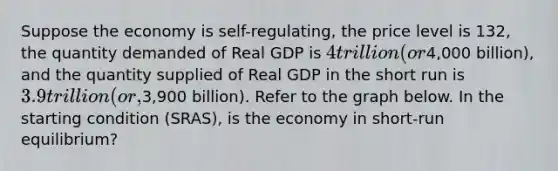 Suppose the economy is self-regulating, the price level is 132, the quantity demanded of Real GDP is 4 trillion (or4,000 billion), and the quantity supplied of Real GDP in the short run is 3.9 trillion (or,3,900 billion). Refer to the graph below. In the starting condition (SRAS), is the economy in short-run equilibrium?