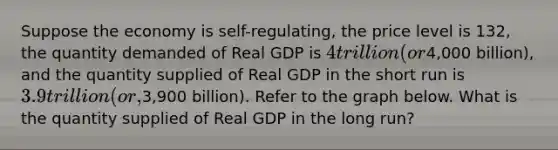 Suppose the economy is self-regulating, the price level is 132, the quantity demanded of Real GDP is 4 trillion (or4,000 billion), and the quantity supplied of Real GDP in the short run is 3.9 trillion (or,3,900 billion). Refer to the graph below. What is the quantity supplied of Real GDP in the long run?