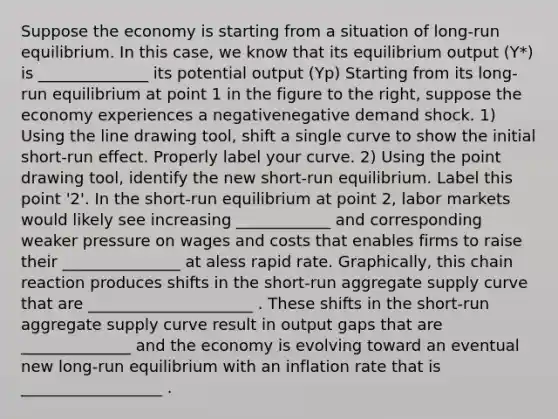 Suppose the economy is starting from a situation of​ long-run equilibrium. In this​ case, we know that its equilibrium output ​(Y*​) is ______________ its potential output ​(Yp) Starting from its​ long-run equilibrium at point 1 in the figure to the​ right, suppose the economy experiences a negativenegative demand shock. ​1) Using the line drawing tool​, shift a single curve to show the initial​ short-run effect. Properly label your curve. ​2) Using the point drawing tool​, identify the new​ short-run equilibrium. Label this point​ '2'. In the​ short-run equilibrium at point​ 2, labor markets would likely see increasing ____________ and corresponding weaker pressure on wages and costs that enables firms to raise their _______________ at aless rapid rate. ​Graphically, this chain reaction produces shifts in the​ short-run aggregate supply curve that are _____________________ . These shifts in the​ short-run aggregate supply curve result in output gaps that are ______________ and the economy is evolving toward an eventual new​ long-run equilibrium with an inflation rate that is __________________ .