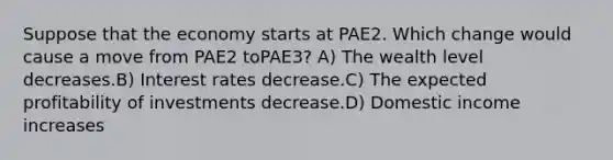 Suppose that the economy starts at PAE2. Which change would cause a move from PAE2 toPAE3? A) The wealth level decreases.B) Interest rates decrease.C) The expected profitability of investments decrease.D) Domestic income increases