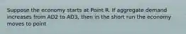 Suppose the economy starts at Point R. If aggregate demand increases from AD2 to AD3, then in the short run the economy moves to point