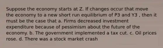 Suppose the economy starts at Z. If changes occur that move the economy to a new short run equilibrium of P3 and Y3 , then it must be the case that a. Firms decreased investment expenditure because of pessimism about the future of the economy. b. The government implemented a tax cut. c. Oil prices rose. d. There was a stock market crash