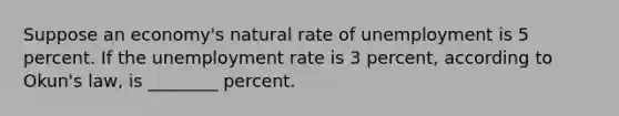 Suppose an economy's natural rate of unemployment is 5 percent. If the unemployment rate is 3 percent, according to Okun's law, is ________ percent.