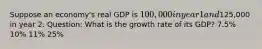 Suppose an economy's real GDP is 100,000 in year 1 and125,000 in year 2. Question: What is the growth rate of its GDP? 7.5% 10% 11% 25%