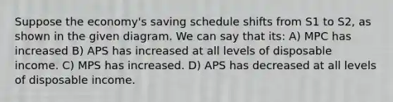 Suppose the economy's saving schedule shifts from S1 to S2, as shown in the given diagram. We can say that its: A) MPC has increased B) APS has increased at all levels of disposable income. C) MPS has increased. D) APS has decreased at all levels of disposable income.