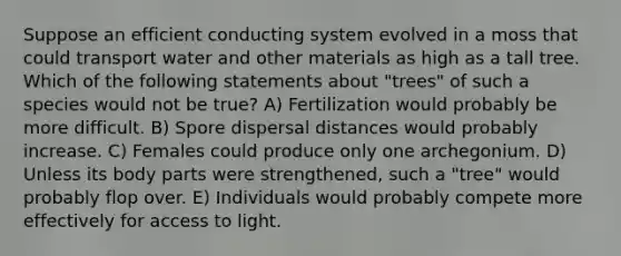 Suppose an efficient conducting system evolved in a moss that could transport water and other materials as high as a tall tree. Which of the following statements about "trees" of such a species would not be true? A) Fertilization would probably be more difficult. B) Spore dispersal distances would probably increase. C) Females could produce only one archegonium. D) Unless its body parts were strengthened, such a "tree" would probably flop over. E) Individuals would probably compete more effectively for access to light.