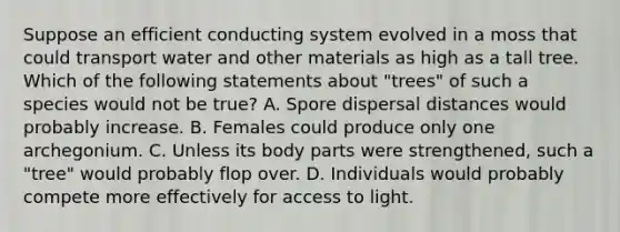 Suppose an efficient conducting system evolved in a moss that could transport water and other materials as high as a tall tree. Which of the following statements about "trees" of such a species would not be true? A. Spore dispersal distances would probably increase. B. Females could produce only one archegonium. C. Unless its body parts were strengthened, such a "tree" would probably flop over. D. Individuals would probably compete more effectively for access to light.