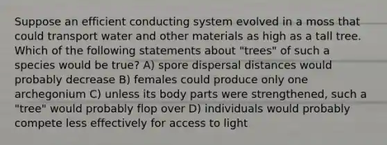 Suppose an efficient conducting system evolved in a moss that could transport water and other materials as high as a tall tree. Which of the following statements about "trees" of such a species would be true? A) spore dispersal distances would probably decrease B) females could produce only one archegonium C) unless its body parts were strengthened, such a "tree" would probably flop over D) individuals would probably compete less effectively for access to light