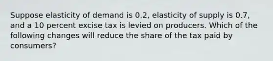 Suppose elasticity of demand is 0.2, elasticity of supply is 0.7, and a 10 percent excise tax is levied on producers. Which of the following changes will reduce the share of the tax paid by consumers?