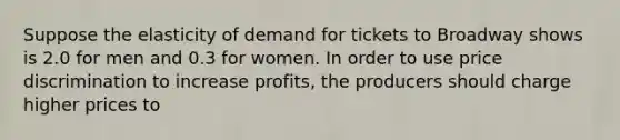 Suppose the elasticity of demand for tickets to Broadway shows is 2.0 for men and 0.3 for women. In order to use price discrimination to increase profits, the producers should charge higher prices to