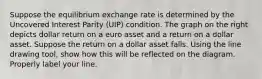 Suppose the equilibrium exchange rate is determined by the Uncovered Interest Parity​ (UIP) condition. The graph on the right depicts dollar return on a euro asset and a return on a dollar asset. Suppose the return on a dollar asset falls. Using the line drawing tool​, show how this will be reflected on the diagram. Properly label your line.